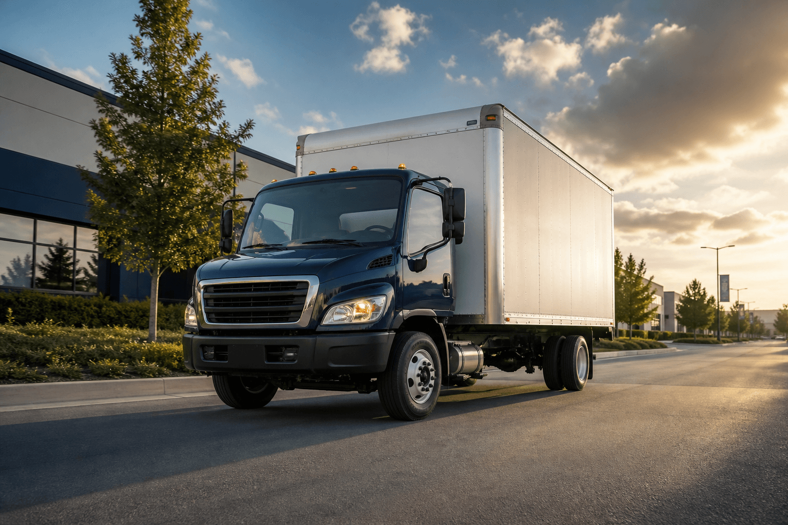 Commercial box truck driving through an industrial district