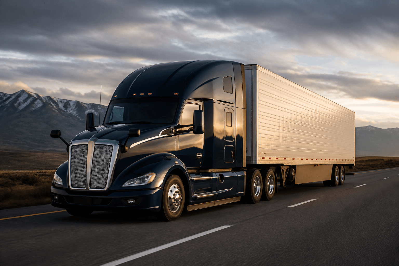 Dry van semi-truck traveling on an open highway