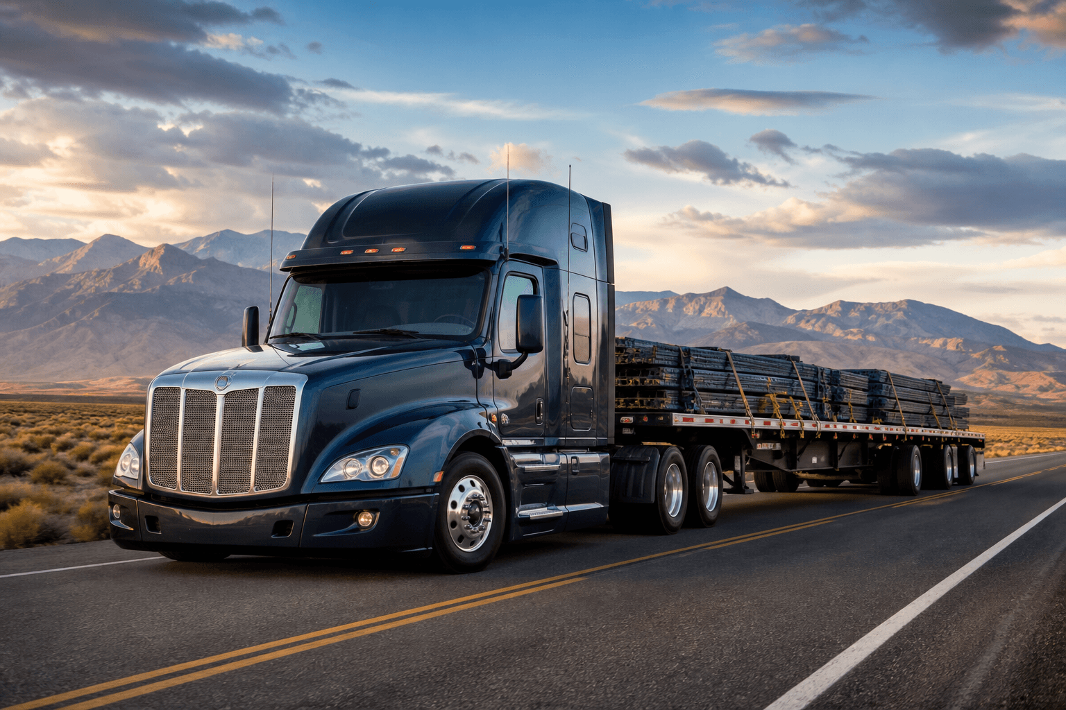 Flatbed semi-truck hauling secured industrial steel