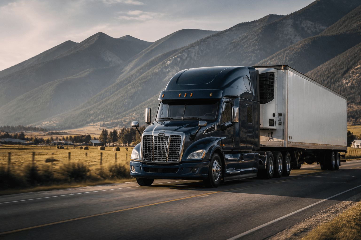 Refrigerated semi-truck traveling through a mountain valley