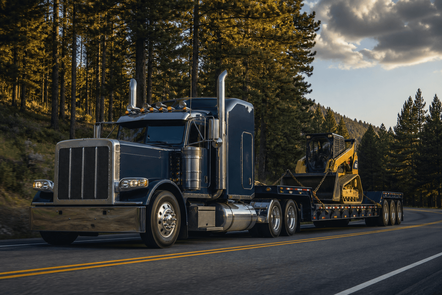 Step deck semi-truck transporting construction equipment